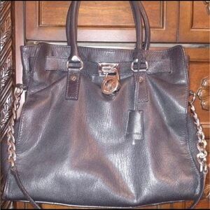 Michael Kors Black Genuine Leather Tote with Silver Accents “Hamilton”